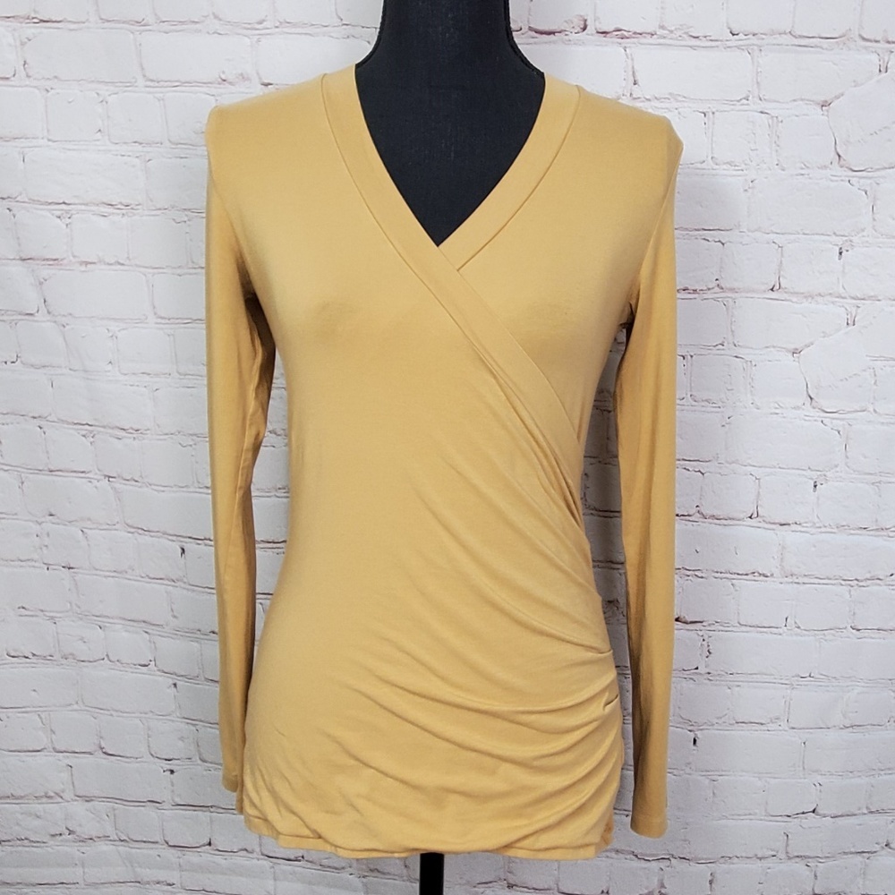 Cabi Tan Cross Front Long Sleeve Top Ruched M